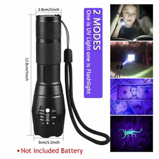 UV Torch Ultra Violet Flashlight Zoomable Blacklight Lamp LED Super Bright 250000lm 2 In 1 395nm Mini Pocket Inspection Light